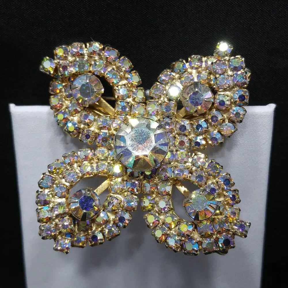 Rhinestones Aurora Borealis Flower Brooch, Gold Plated, 1960s Vintage Jewelry